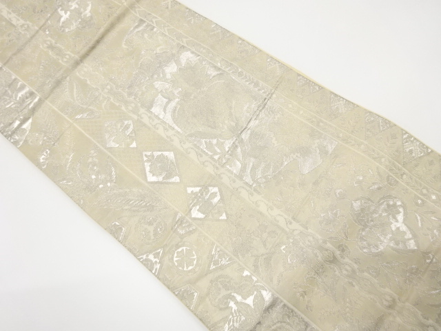 アンティーク　縞に花更紗模様織り出し袋帯（着用可）